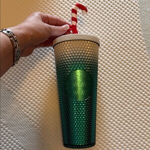 Starbucks Disney Emerald Tumbler with Candy Cane Straw